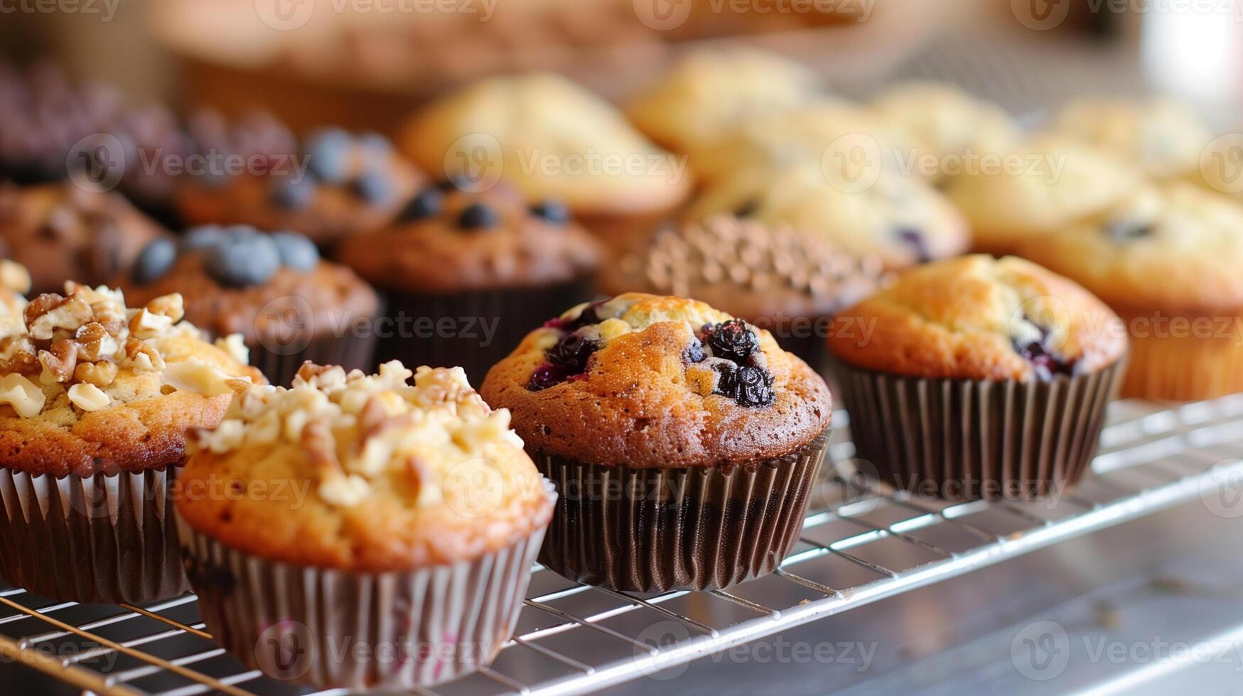 Tray of assorted sugar-free muffins including blueberry banana nut and chocolate chip cooling on a wire rack, picture photo