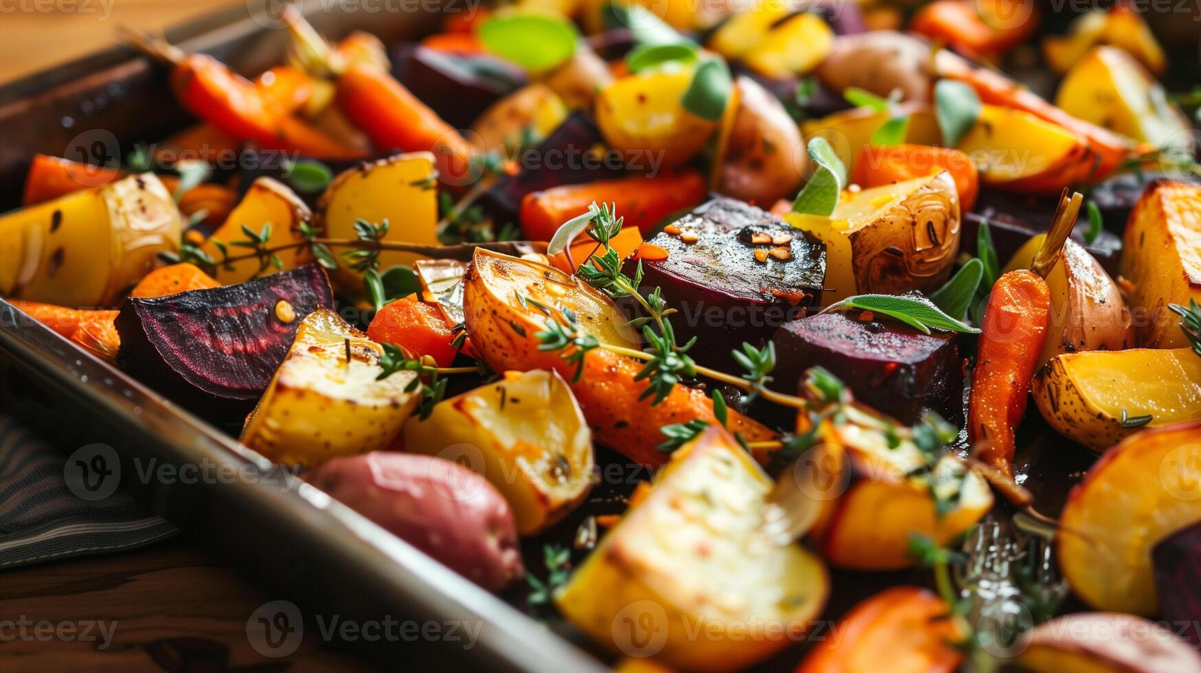 Tray of roasted root vegetables carrots potatoes beets fresh out of the oven, picture photo