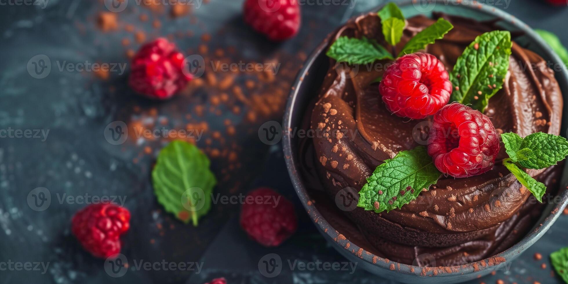 Vegan chocolate mousse made with avocado and cocoa powder, garnished with raspberries and mint, photorealistic photo