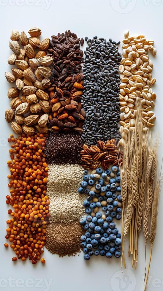 Vertical bar chart with different kinds of grains, clear square columns edge, on a white background, photorealistic photo