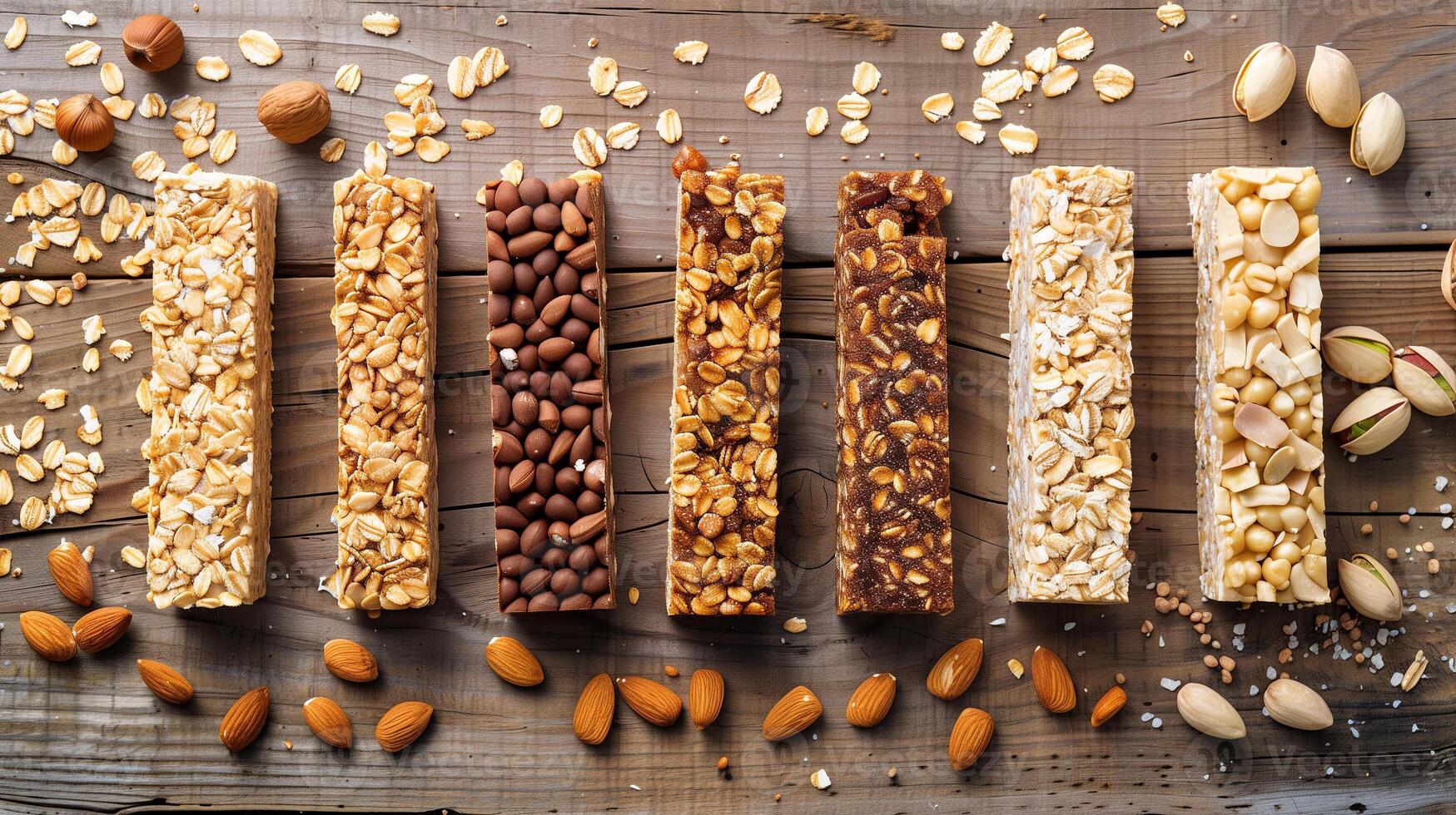 Vibrant display of assorted sugar-free granola bars on a rustic wooden table with scattered oats and nuts, photo