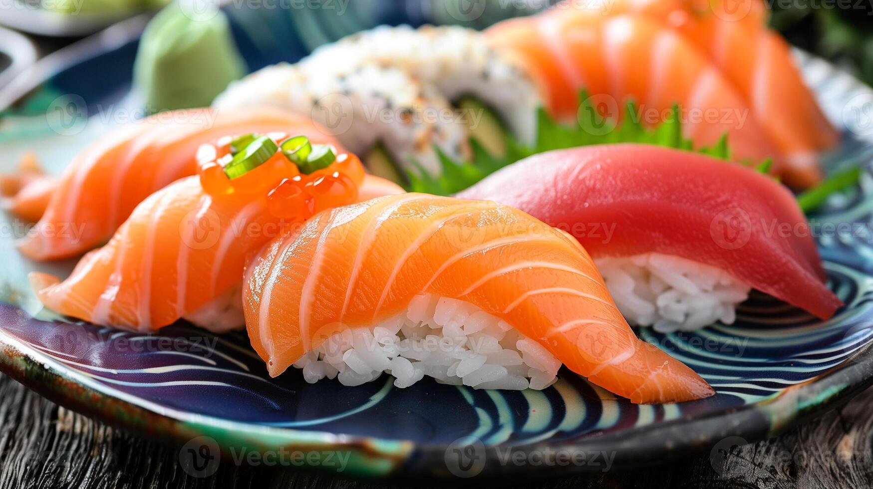 Vibrant plate of sushi nigiri with slices of fresh salmon and tuna on rice, photography photo
