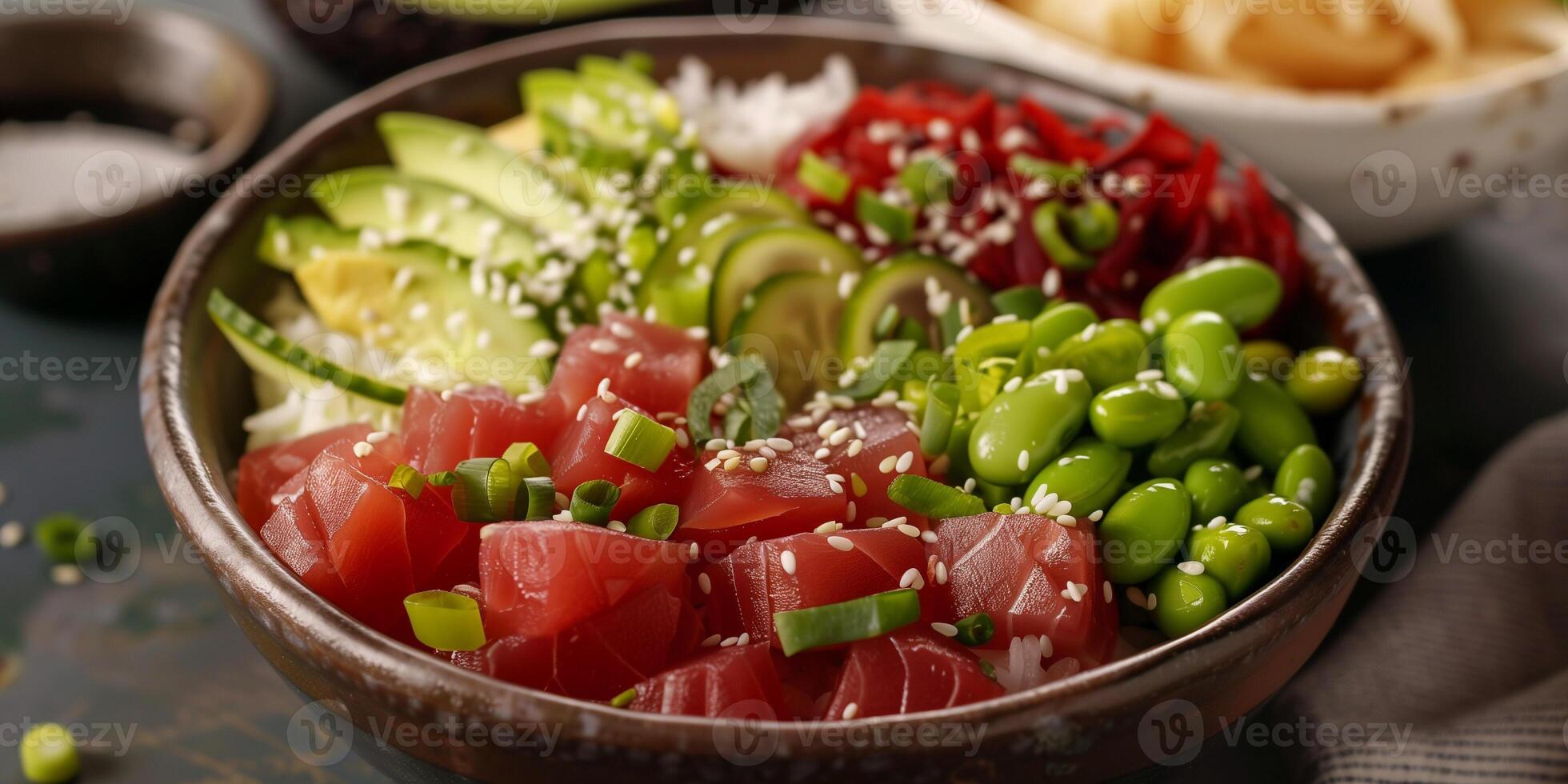 Poke bowl with diced ahi tuna, avocado, cucumber, edamame, and sesame seeds over sushi rice, picture photo