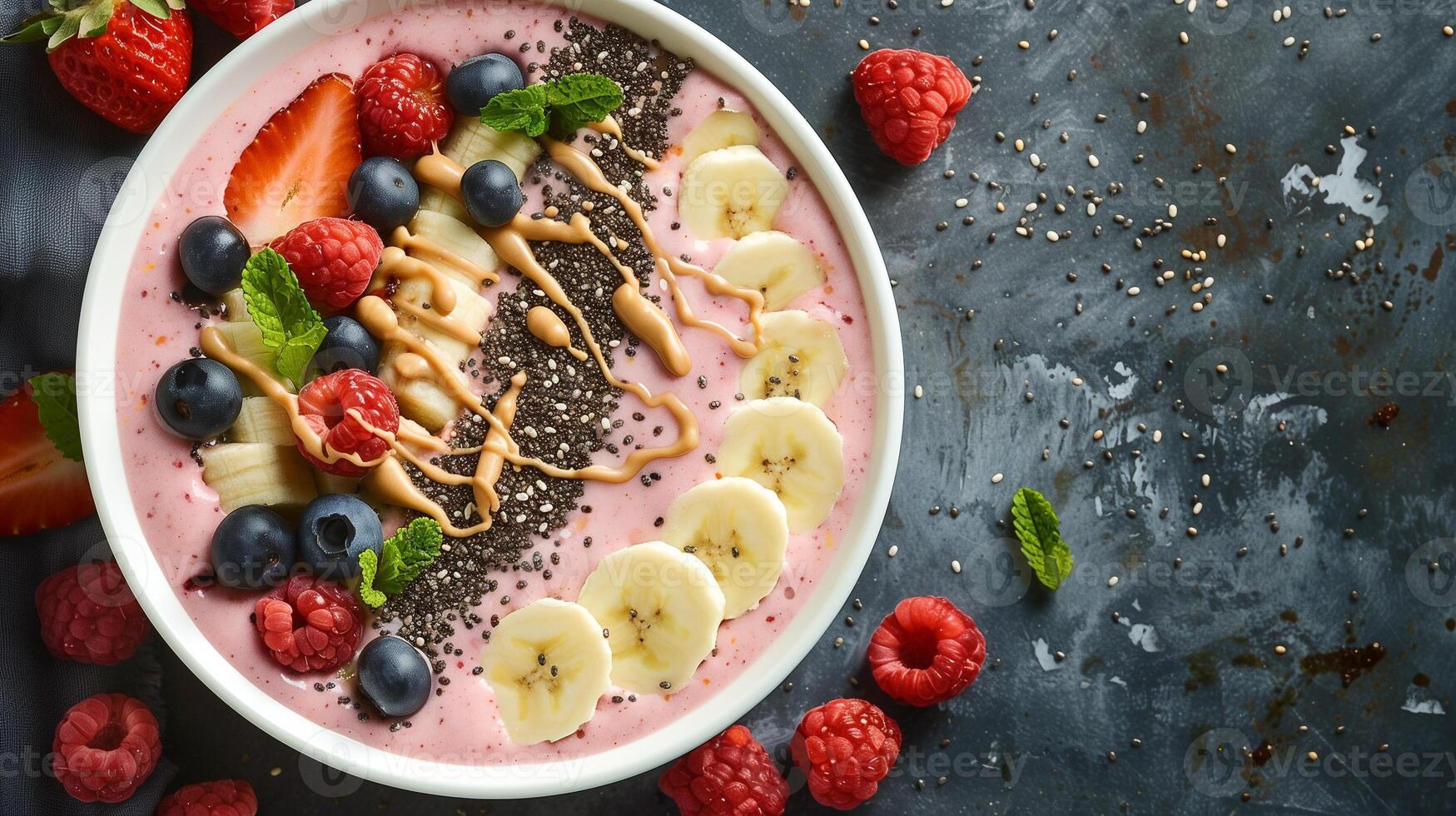 Vibrant smoothie bowl topped with fresh berries banana chia seeds and almond butter, photorealistic photo