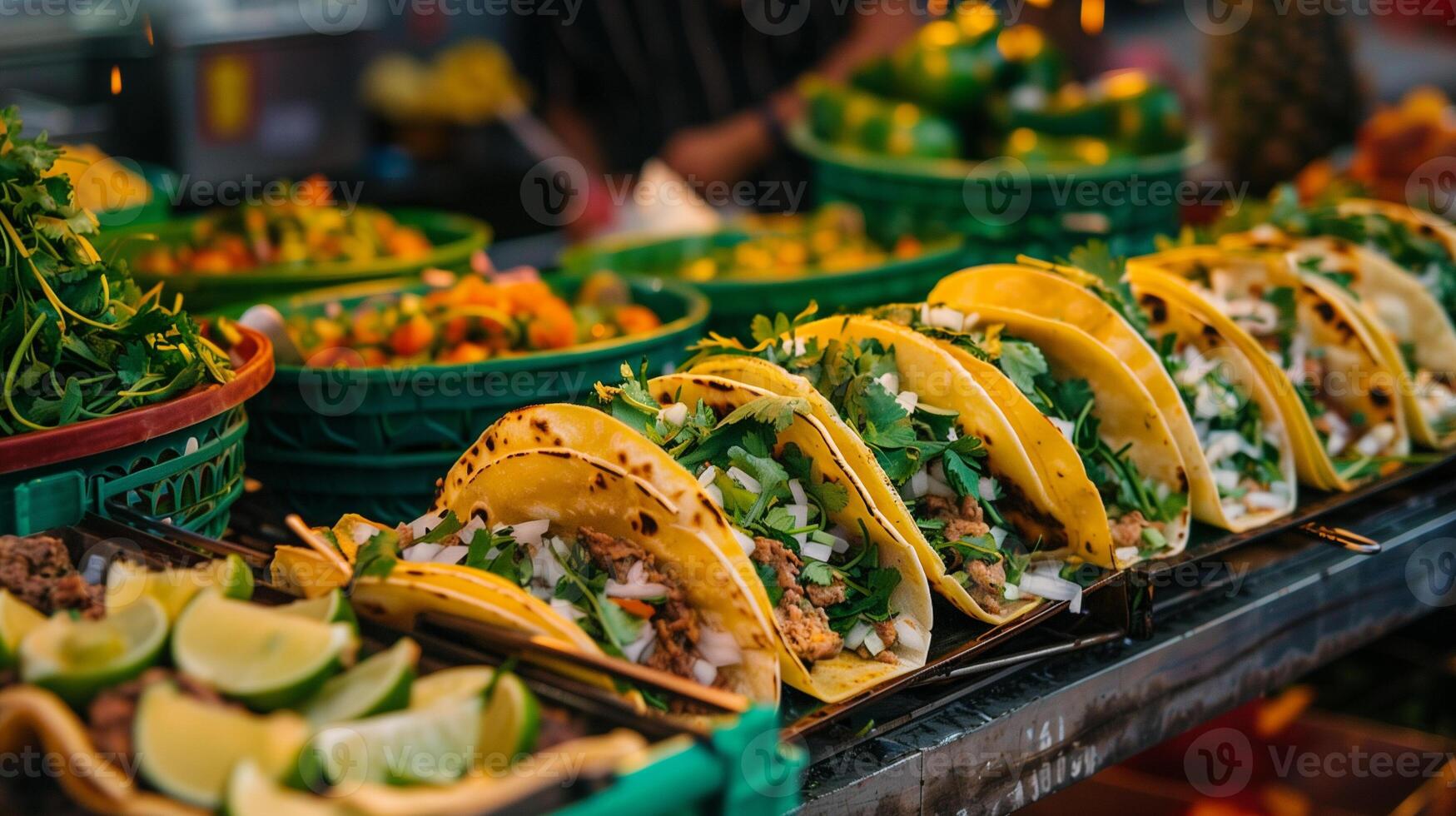 A vibrant street food stall with a colorful array of freshly prepared tacos garnished with cilantro onions and lime wedges, photo