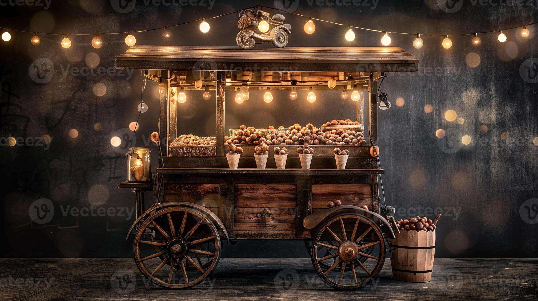 A vintage cart adorned with strings of lights selling warm freshly roasted chestnuts in paper cones, photography photo