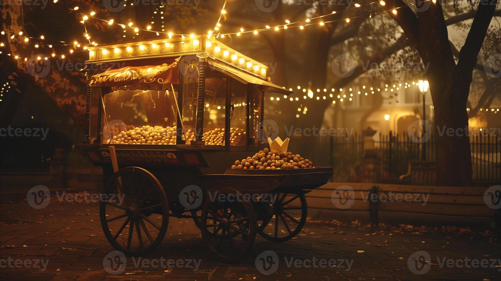 A vintage cart adorned with strings of lights selling warm freshly roasted chestnuts in paper cones, photo