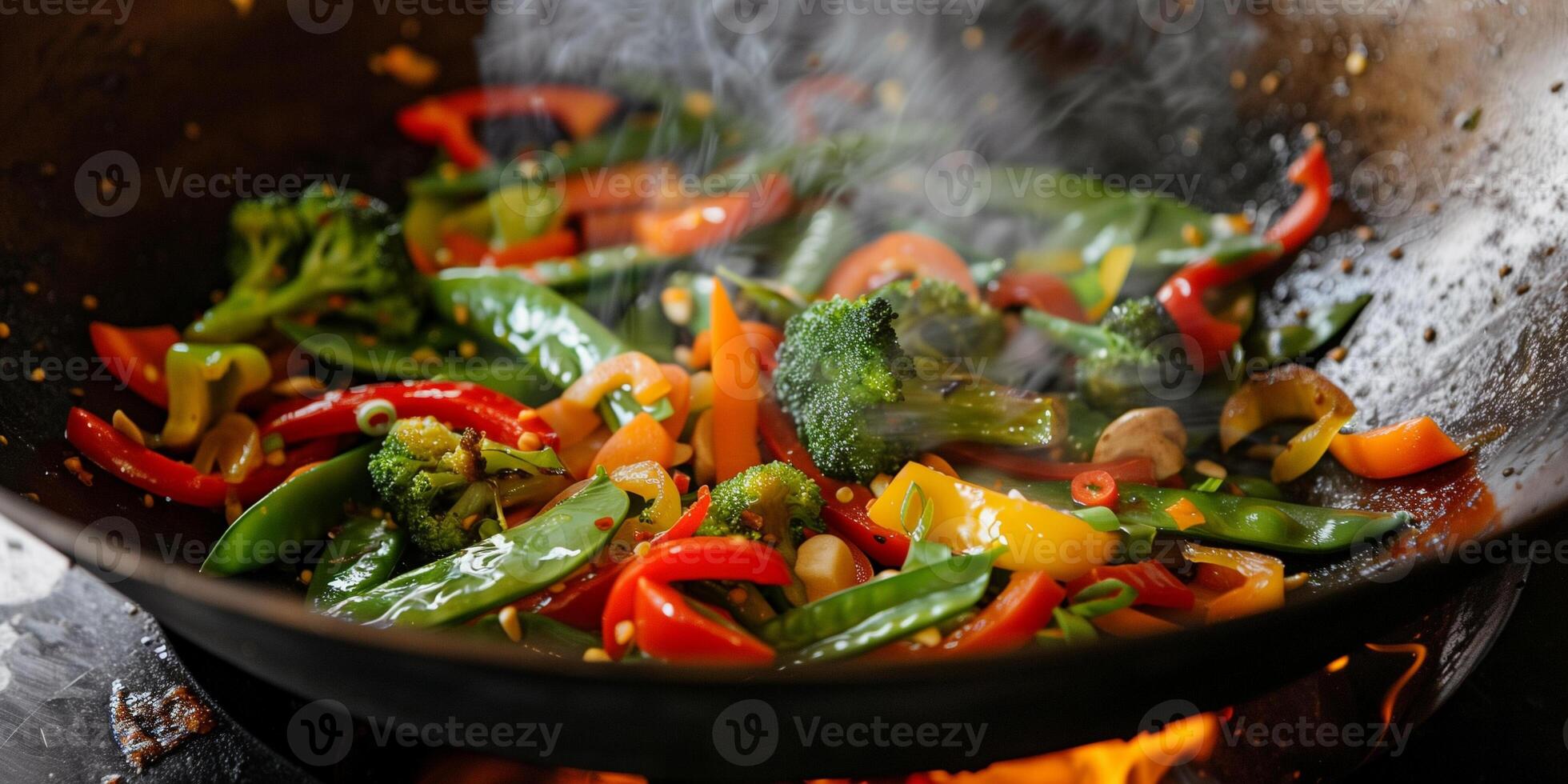 Vegetable stir-fry cooking in a wok with bell peppers, broccoli, snap peas, and carrots, photorealistic photo
