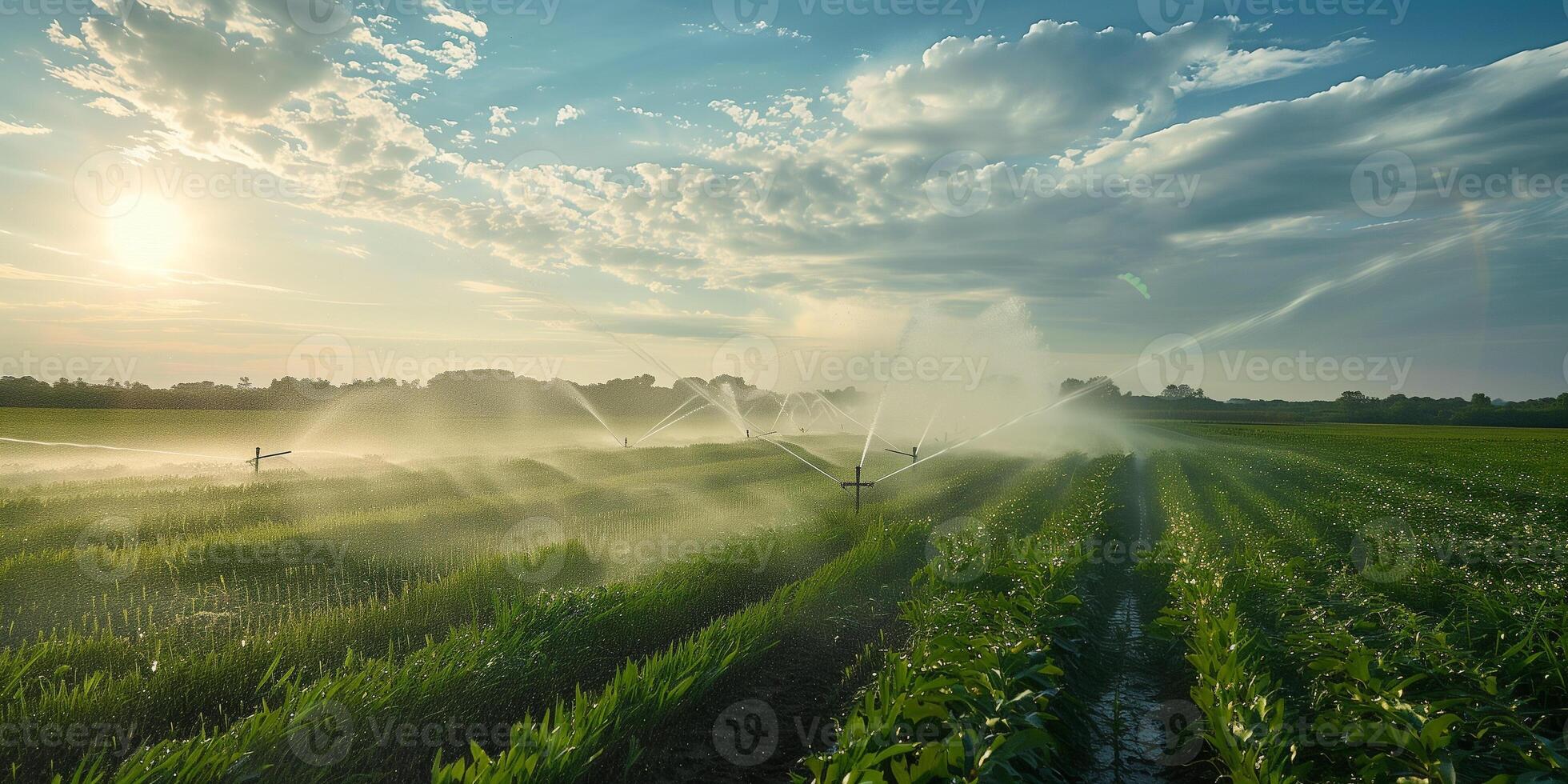 Wide-angle view of a field with sprinklers evenly spaced for efficient coverage, photo