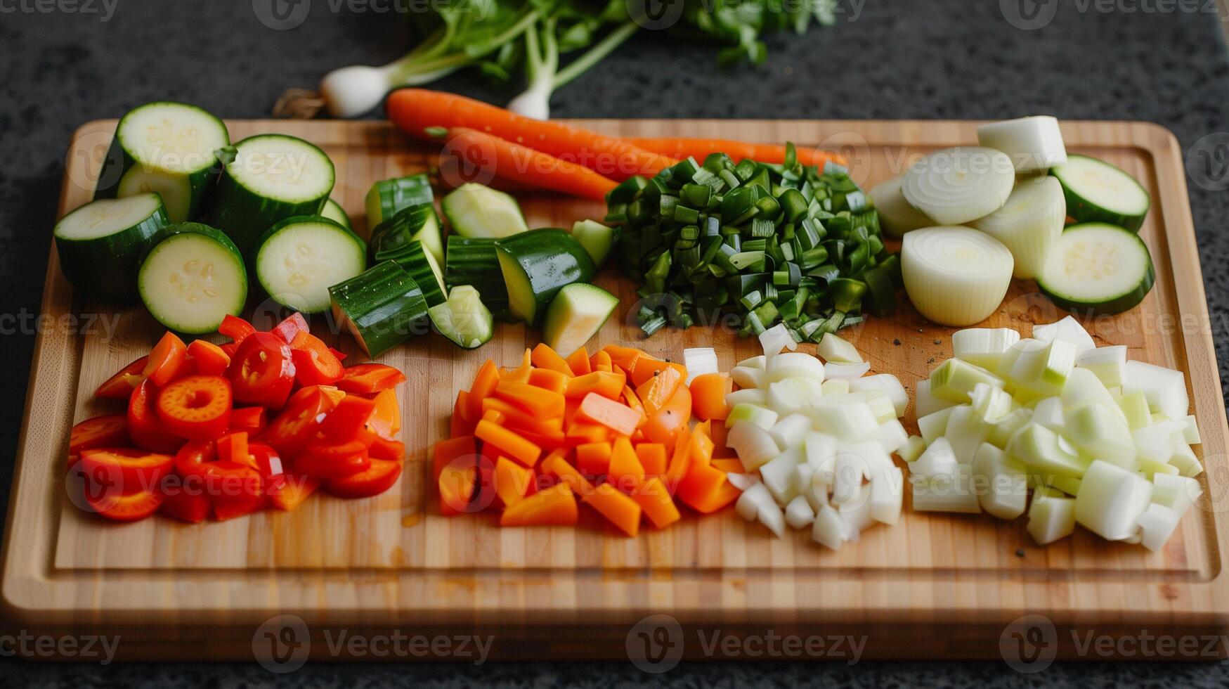 Cutting board with assorted fresh vegetables being prepped including bell peppers zucchini carrots and onions, photography photo