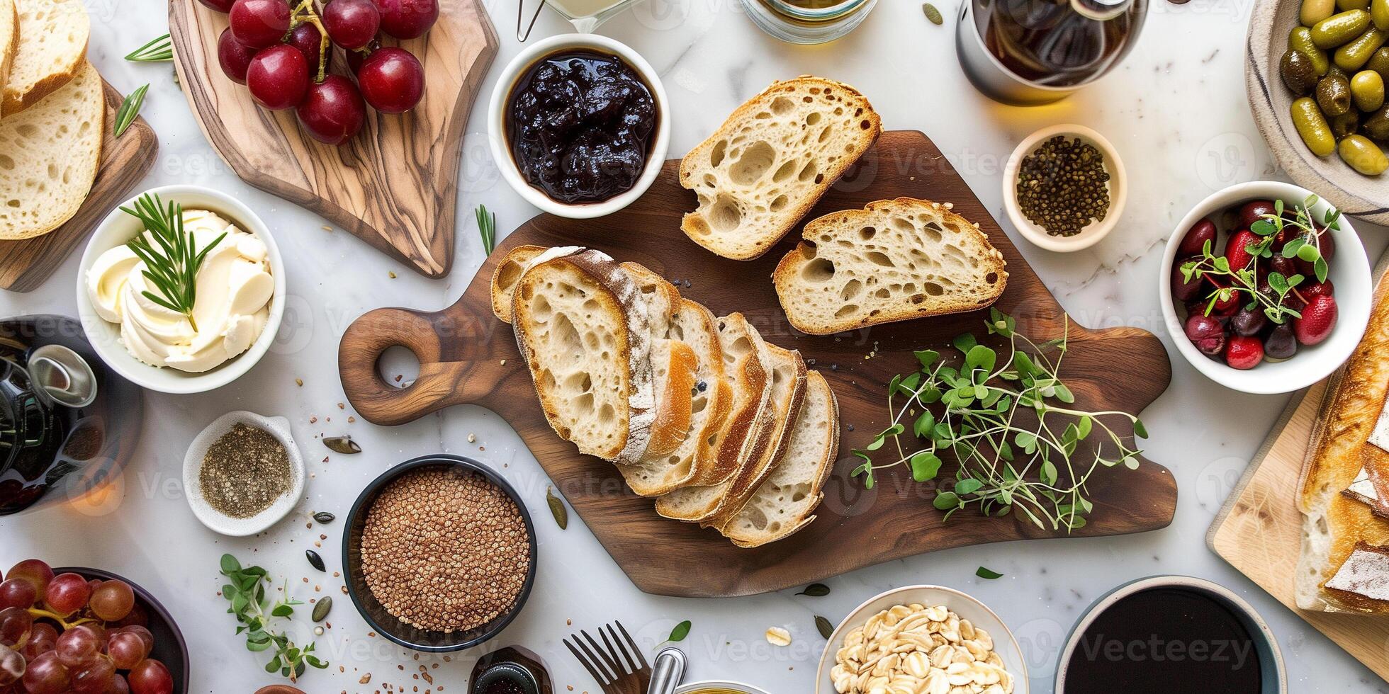 Wooden cutting board with freshly sliced bread surrounded by plant-based spreads and toppings, photorealistic photo