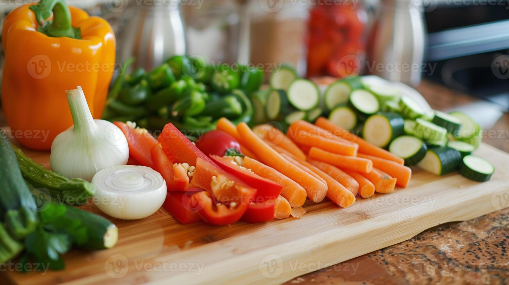 Cutting board with assorted fresh vegetables being prepped including bell peppers zucchini carrots and onions, picture photo