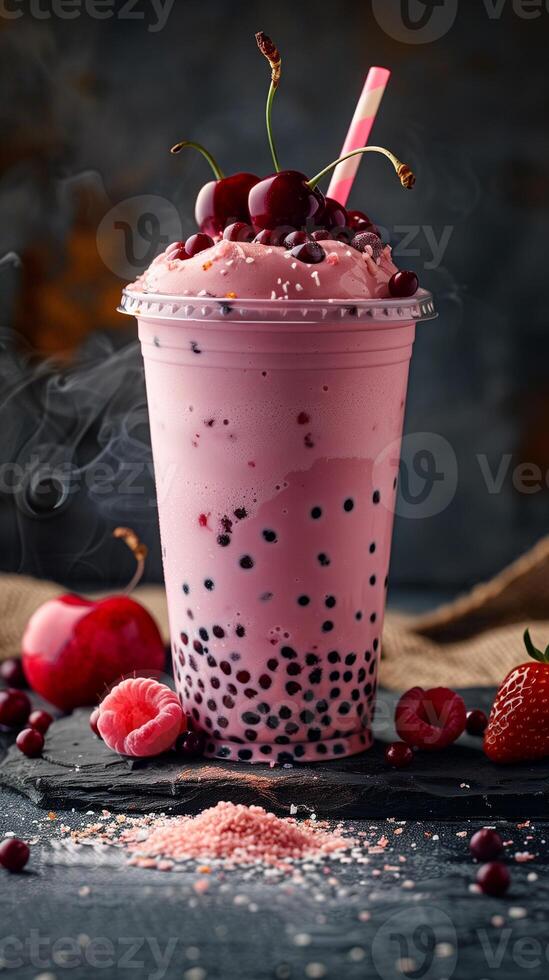 Bubble tea milkshake on black background, cherry, sunshine, minimal, photography photo