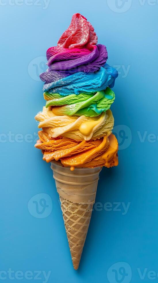 Rainbow color ice cream in a cone on a blue background, pride celebration with copy space banner, photo