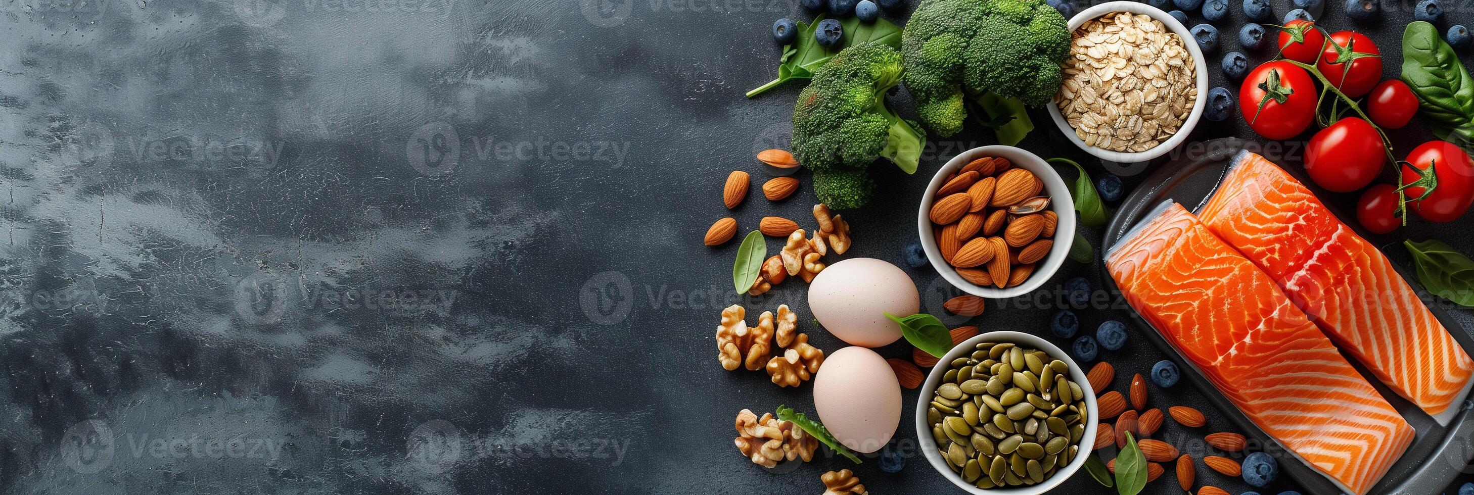 Aerial view of healthy food including avocado, broccoli, salmon, nuts, oatmeal, berries, eggs, vegetables, photography photo