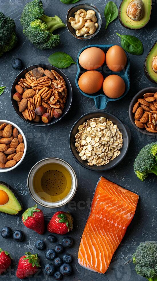 Aerial view of healthy food including avocado, broccoli, salmon, nuts, oatmeal, berries, eggs, vegetables, photorealistic photo