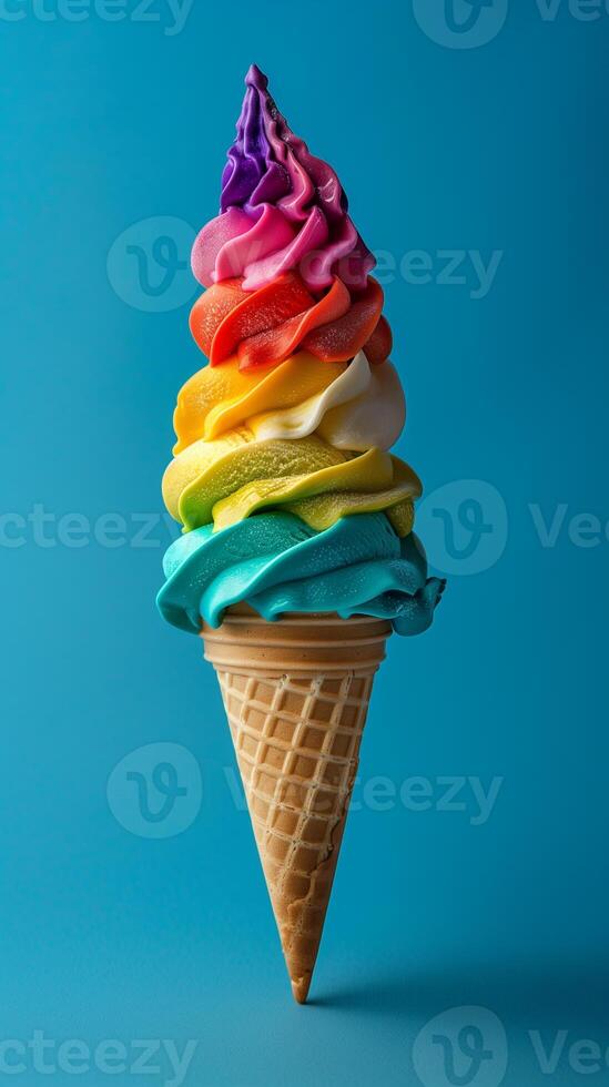 Rainbow color ice cream in a cone on a blue background, pride celebration with copy space banner, photography photo