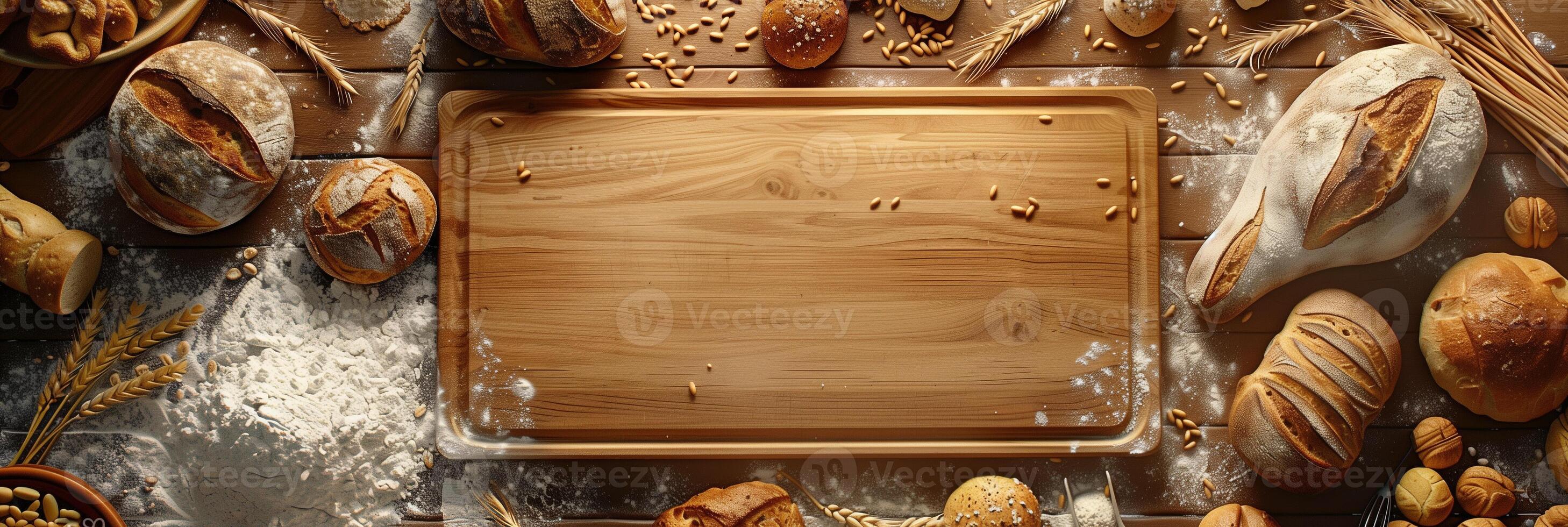 Aerial view of various breads and fragments encircling an empty wooden board with flour, wheat ears, and kitchen tools, warm ambiance, picture photo