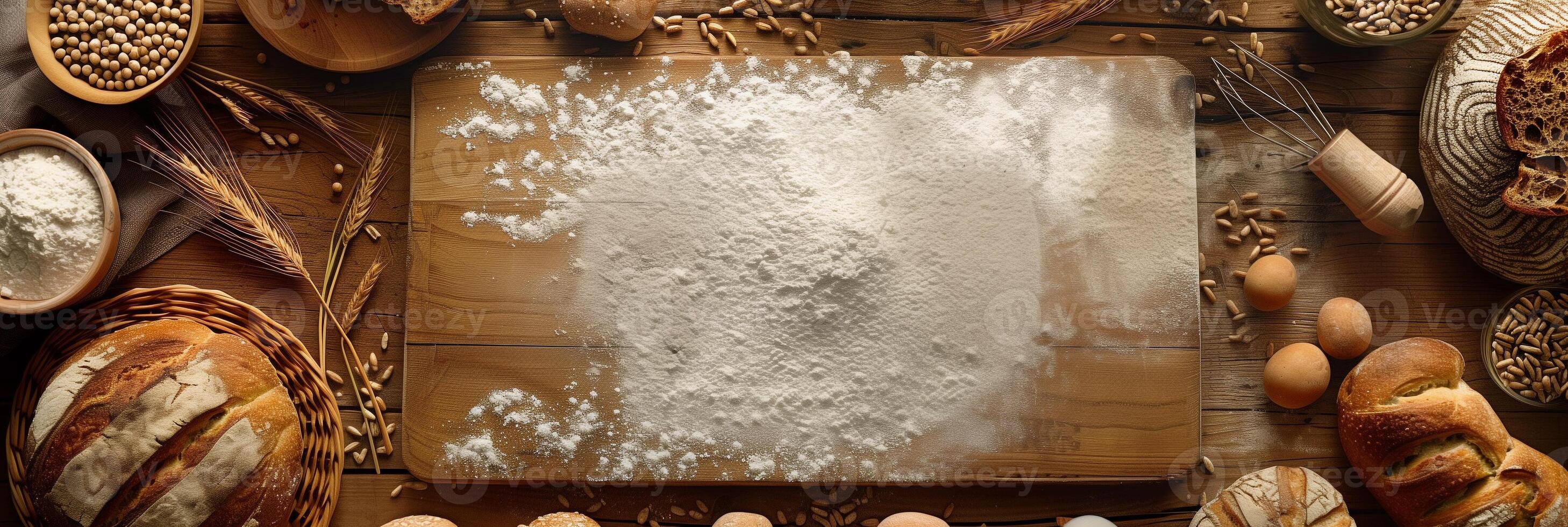 Aerial view of various breads and fragments encircling an empty wooden board with flour, wheat ears, and kitchen tools, warm ambiance, photography photo