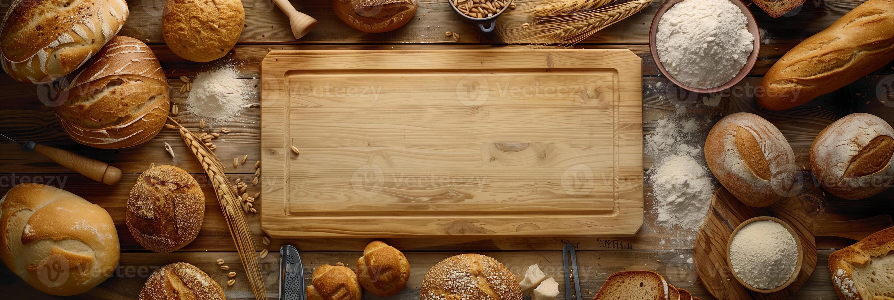 Aerial view of various breads and fragments encircling an empty wooden board with flour, wheat ears, and kitchen tools, warm ambiance, photo