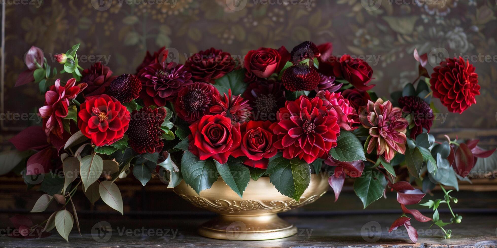 Arrangement of deep red roses, surrounded by cascading ivy and burgundy dahlias, set in a gold-rimmed ceramic bowl, photo