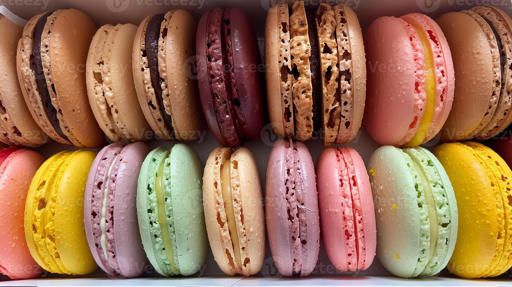 An assortment of colorful macarons arranged neatly in a box featuring flavors like raspberry pistachio lemon and chocolate, photography photo