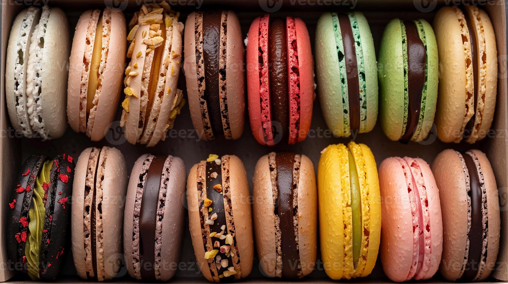 An assortment of colorful macarons arranged neatly in a box featuring flavors like raspberry pistachio lemon and chocolate, picture photo