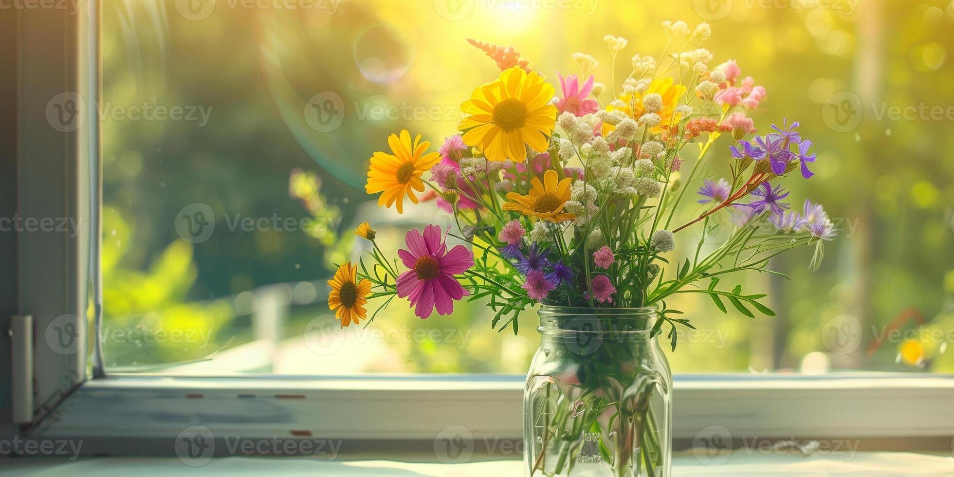 Freshly picked wildflowers in a mason jar vase on a windowsill with natural light, photorealistic photo