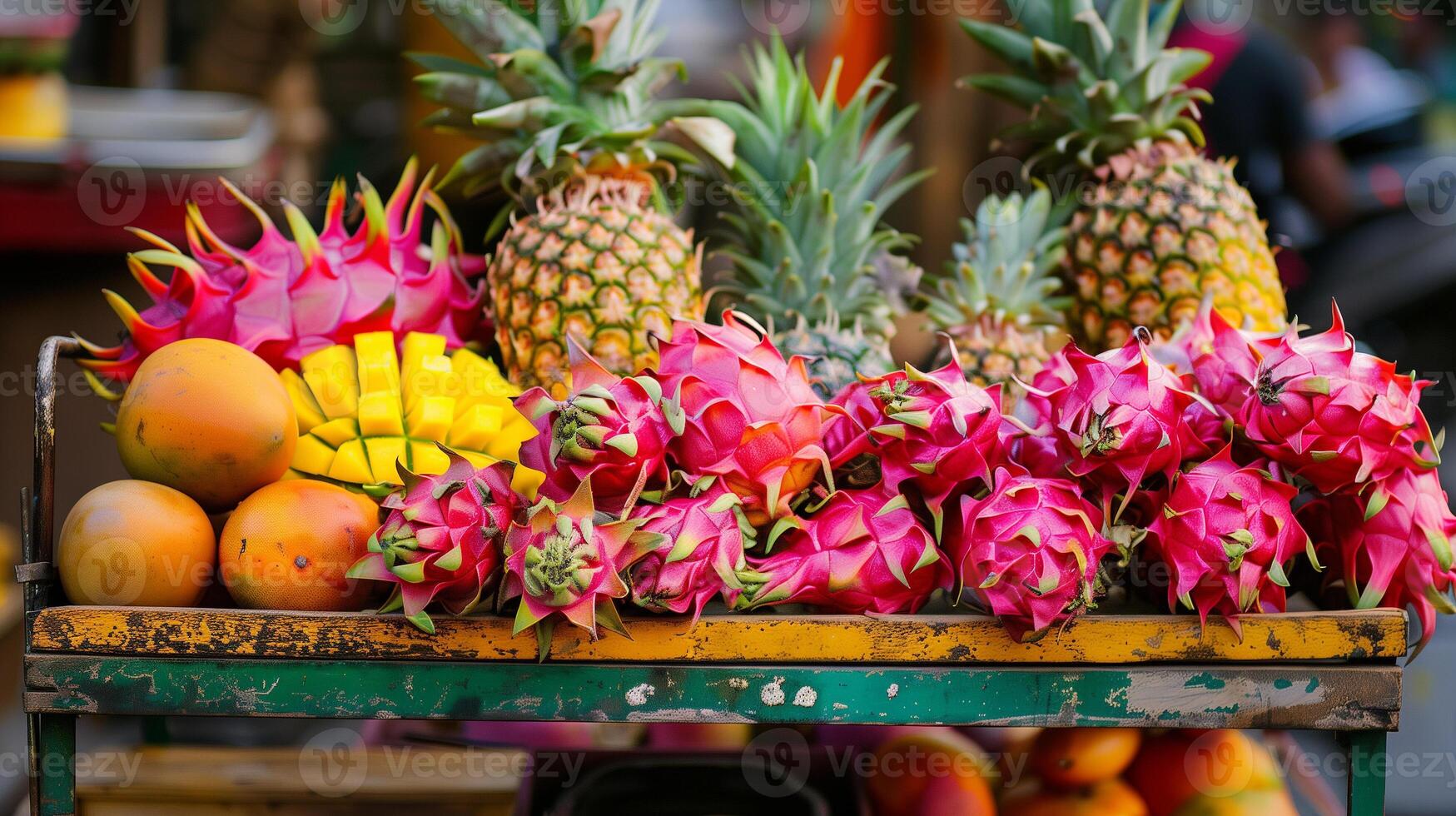 An assortment of exotic fruits displayed on a street vendor's cart including dragon fruits pineapples and mangoes arranged in a picturesque manner, photo