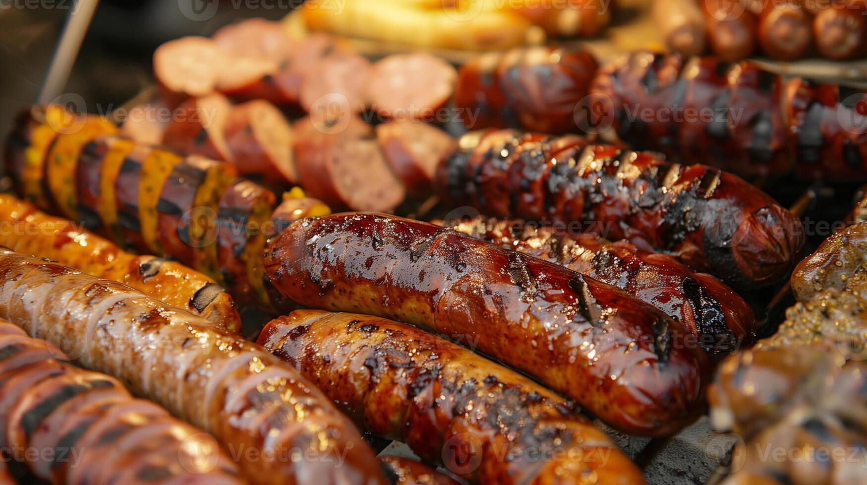Assortment of grilled sausages bratwurst chorizo with mustards and soft pretzel bites, photorealistic photo
