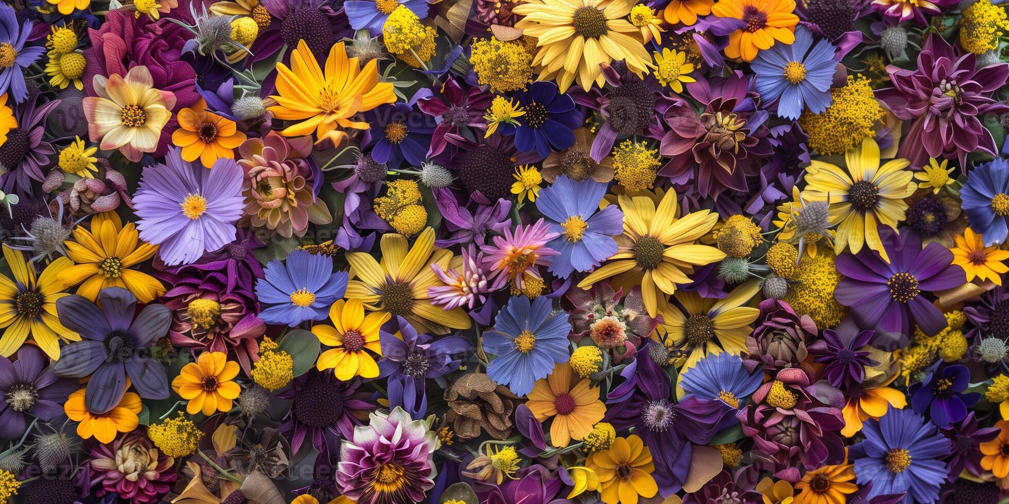 Assortment of pressed wildflowers with vibrant hues of purple, yellow, and orange, picture photo