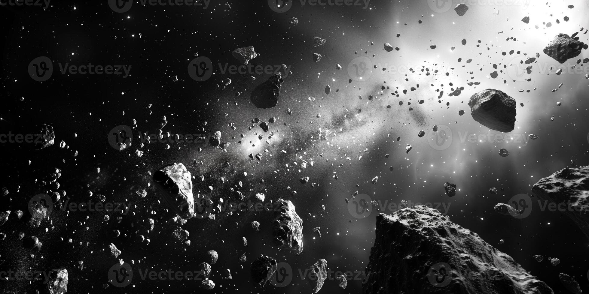 Asteroid belt with numerous rocky bodies in space, picture photo