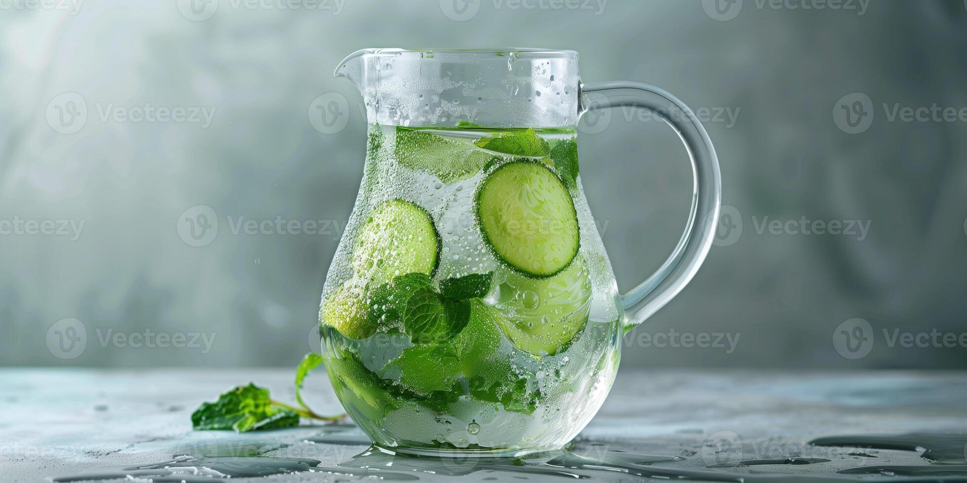 Elegant glass pitcher with cucumber and mint-infused water, condensation on outside, picture photo