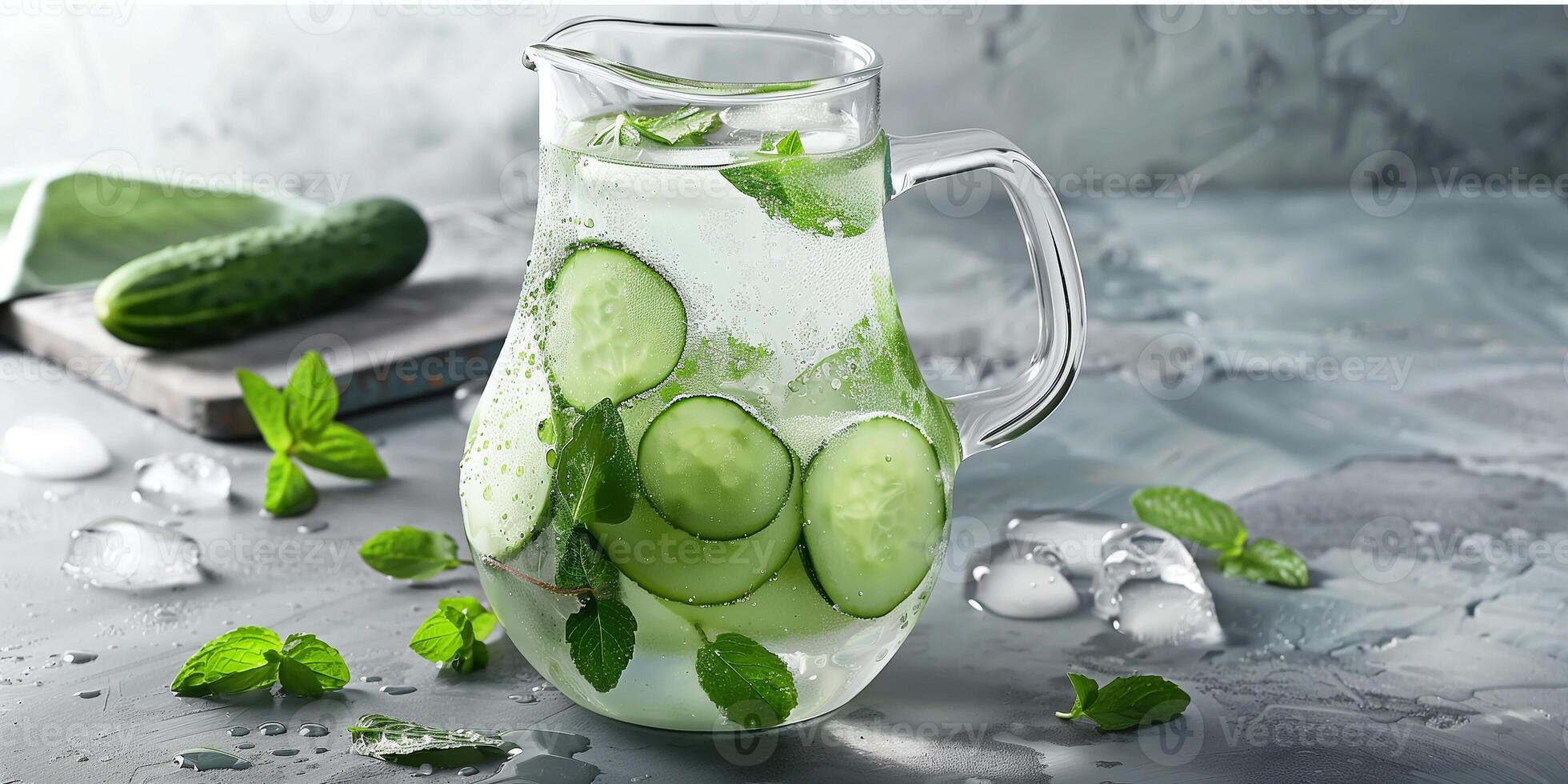 Elegant glass pitcher with cucumber and mint-infused water, condensation on outside, photography photo