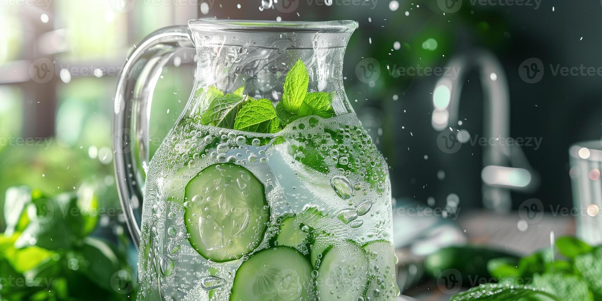 Elegant glass pitcher with cucumber and mint-infused water, condensation on outside, photorealistic photo