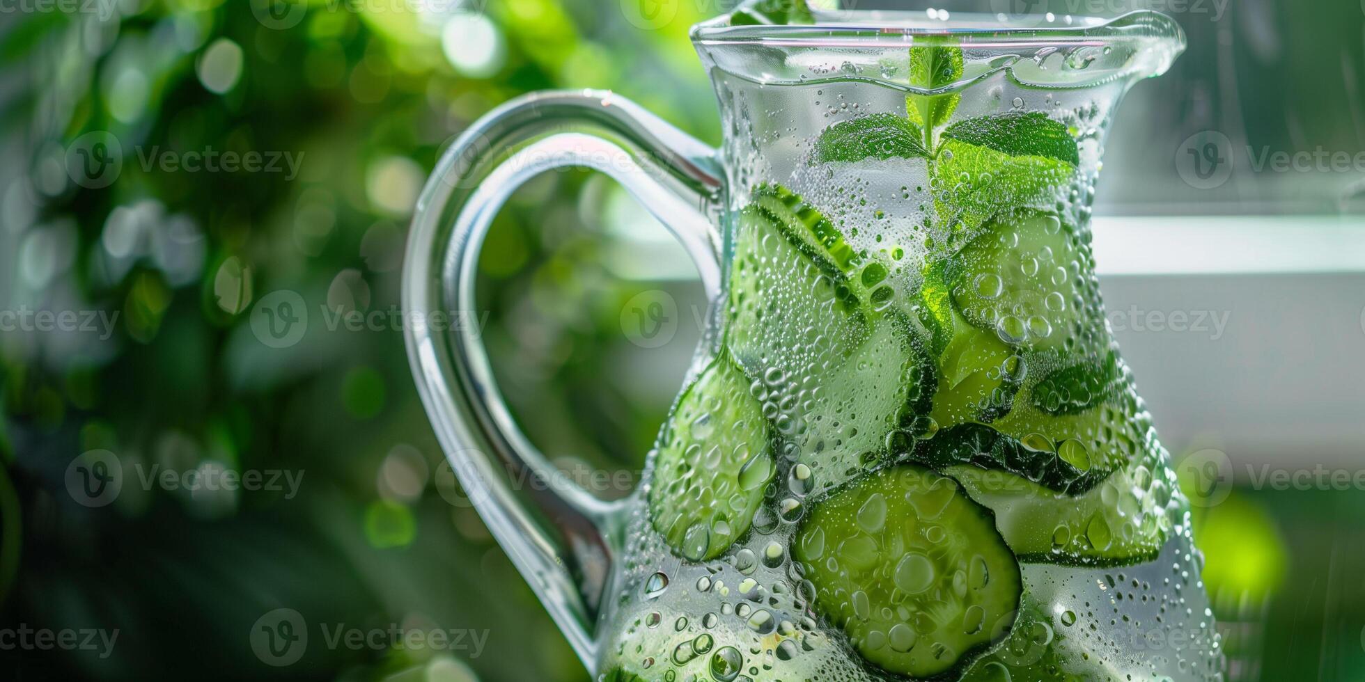 Elegant glass pitcher with cucumber and mint-infused water, condensation on outside, picture photo