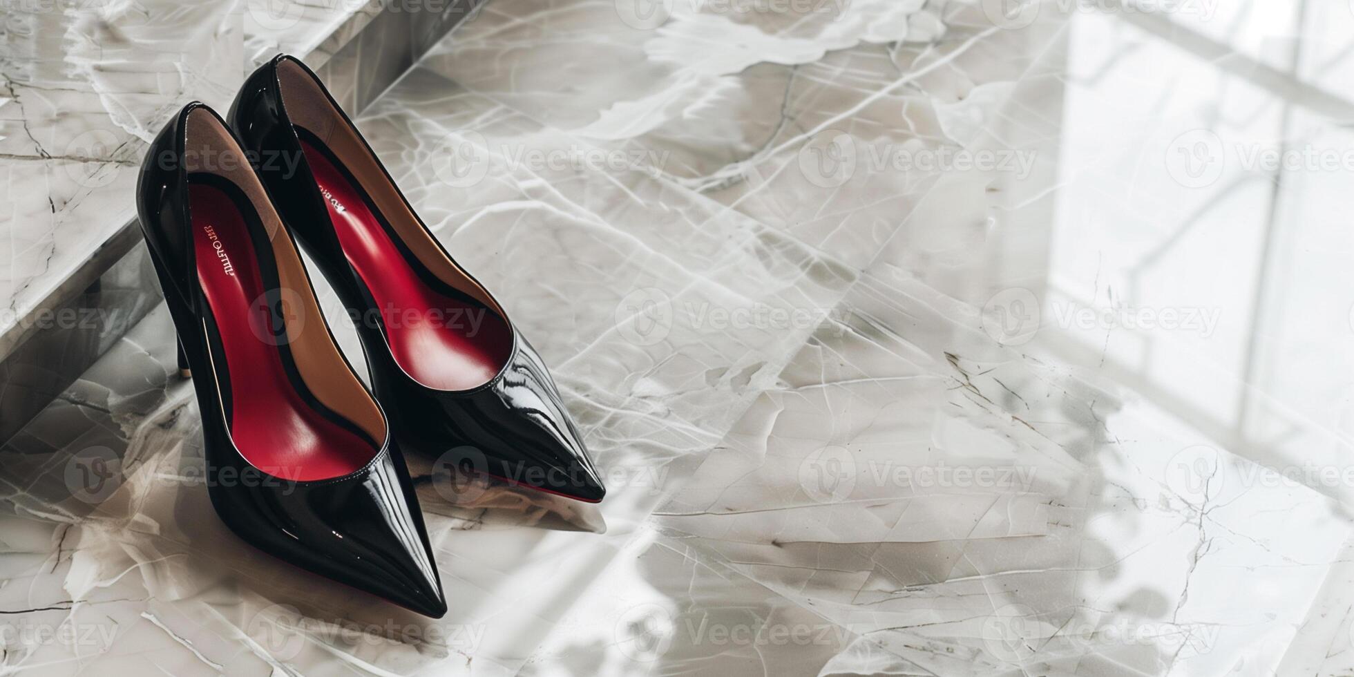 Black leather high heels with red soles on polished marble floor, photo