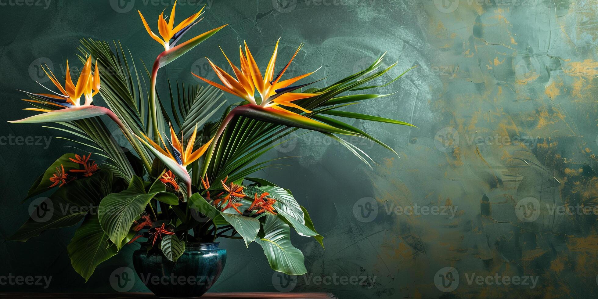 Exotic arrangement of bird of paradise flowers, ginger blooms, and tropical foliage, in a bamboo-inspired ceramic pot, photo