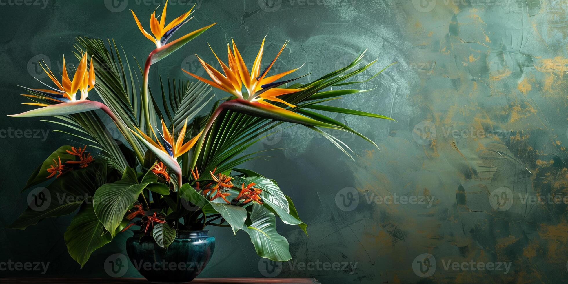 Exotic arrangement of bird of paradise flowers, ginger blooms, and tropical foliage, in a bamboo-inspired ceramic pot, picture photo