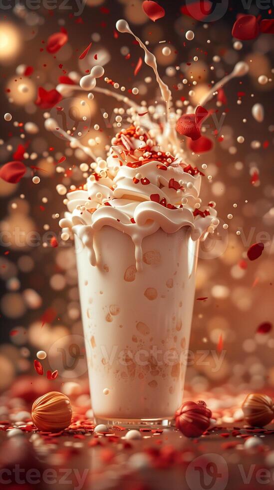 Colorful milkshake spilling with red petals, dark and light amber, photo