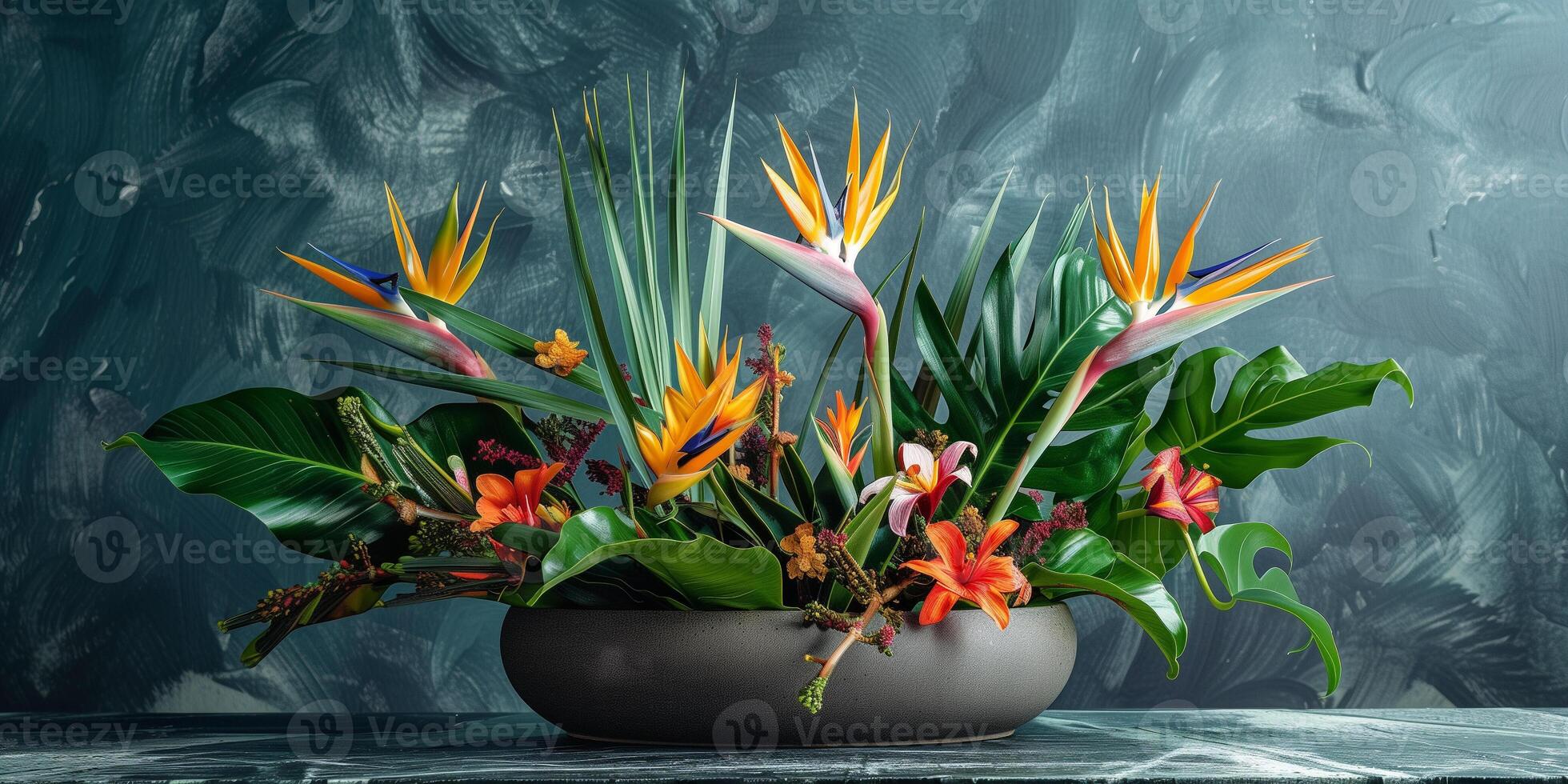 Exotic arrangement of bird of paradise flowers, ginger blooms, and tropical foliage, in a bamboo-inspired ceramic pot, picture photo