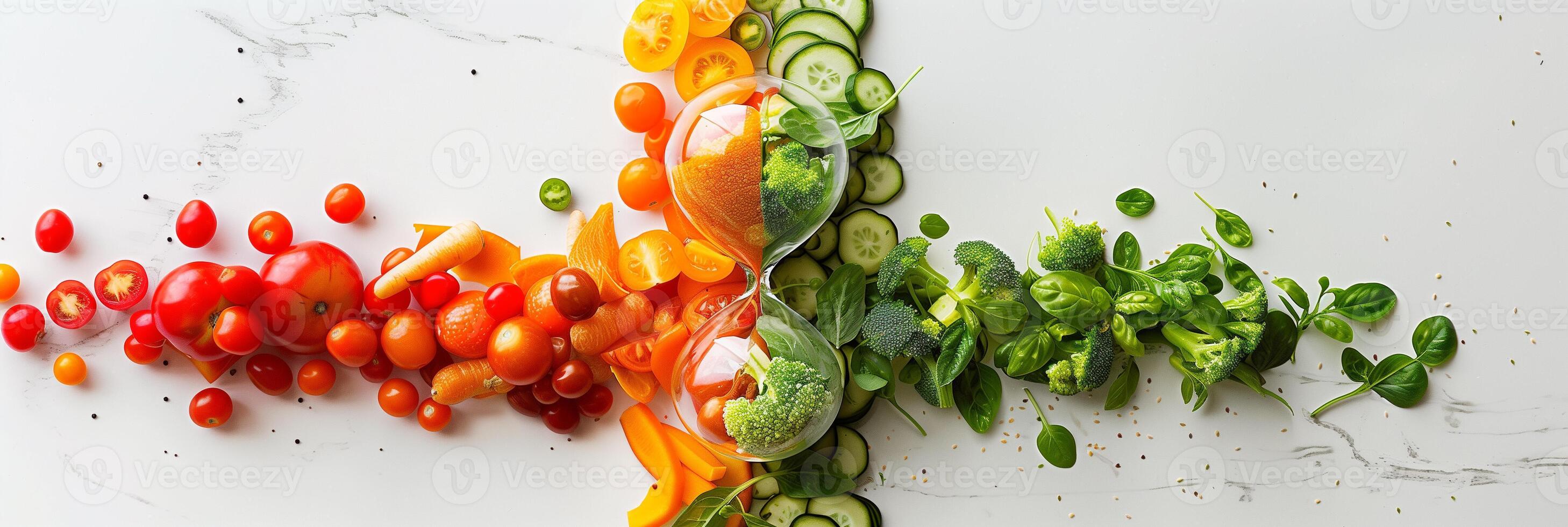 Hourglass made of whole fruits and vegetables, neutral white background, photo