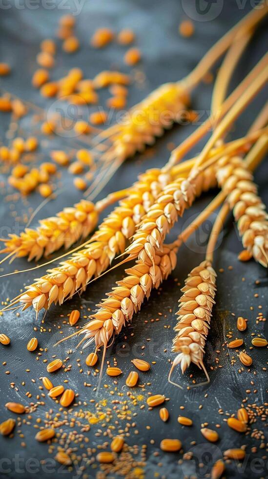Orange folder on table next to ripe ears of wheat, photorealistic photo