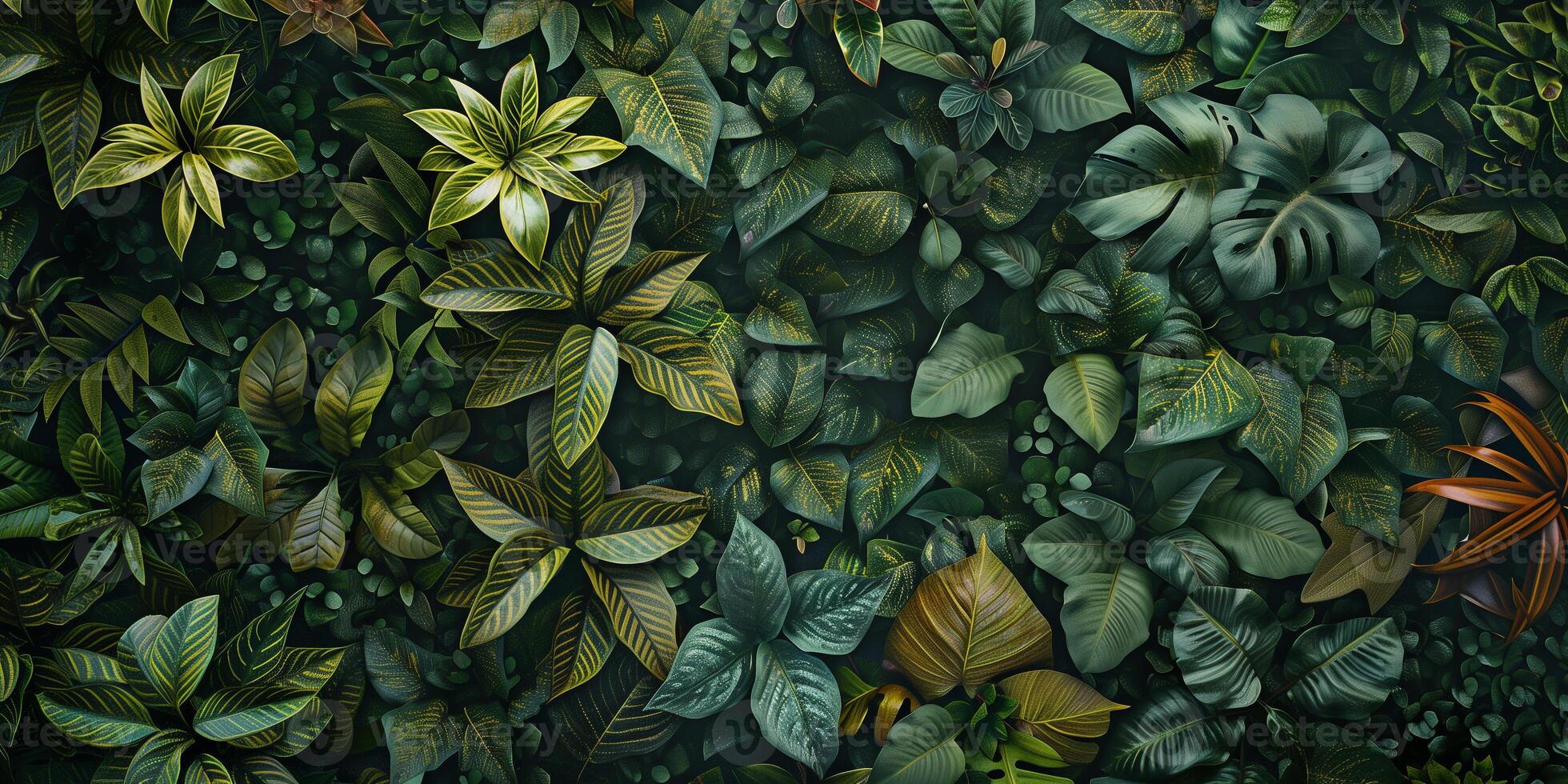 Overhead view of a dense jungle floor, covered with a carpet of broad, glossy leaves, photorealistic photo