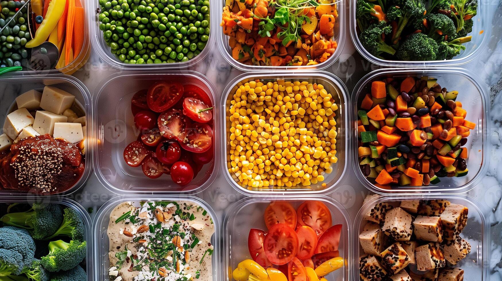 Overhead shot of containers with balanced mix of proteins carbs vegetables on table, picture photo