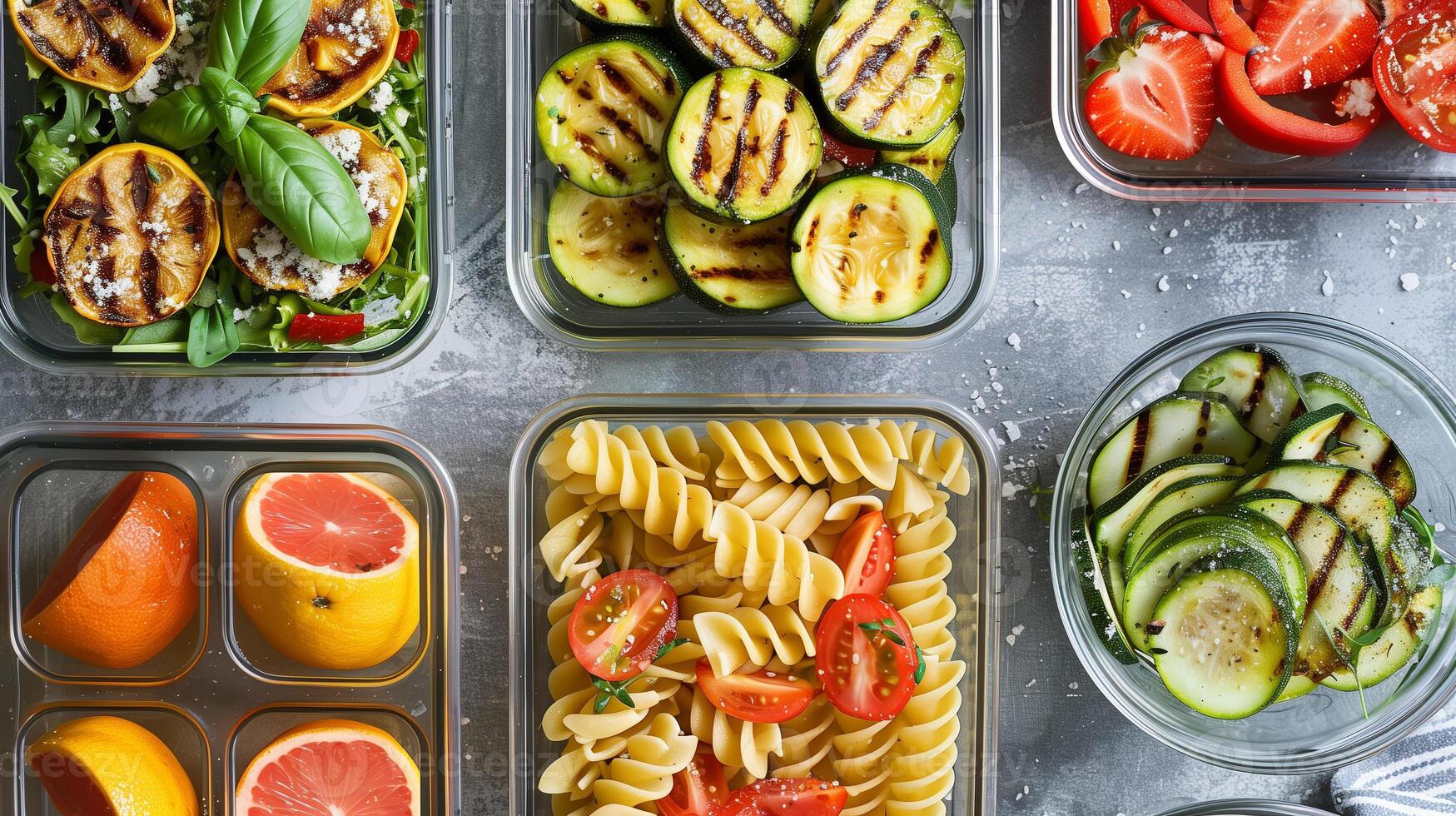 Overhead shot of meal prep containers with pasta salad grilled vegetables and fresh fruit, photo