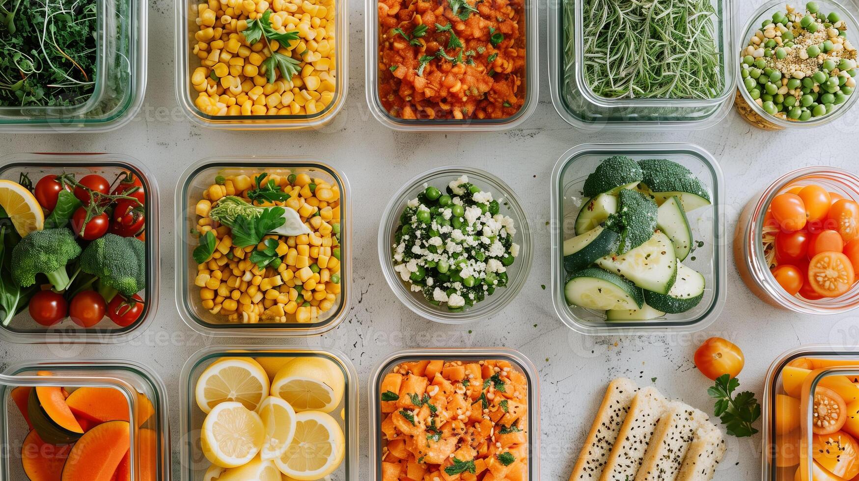 Overhead shot of containers with balanced mix of proteins carbs vegetables on table, photo