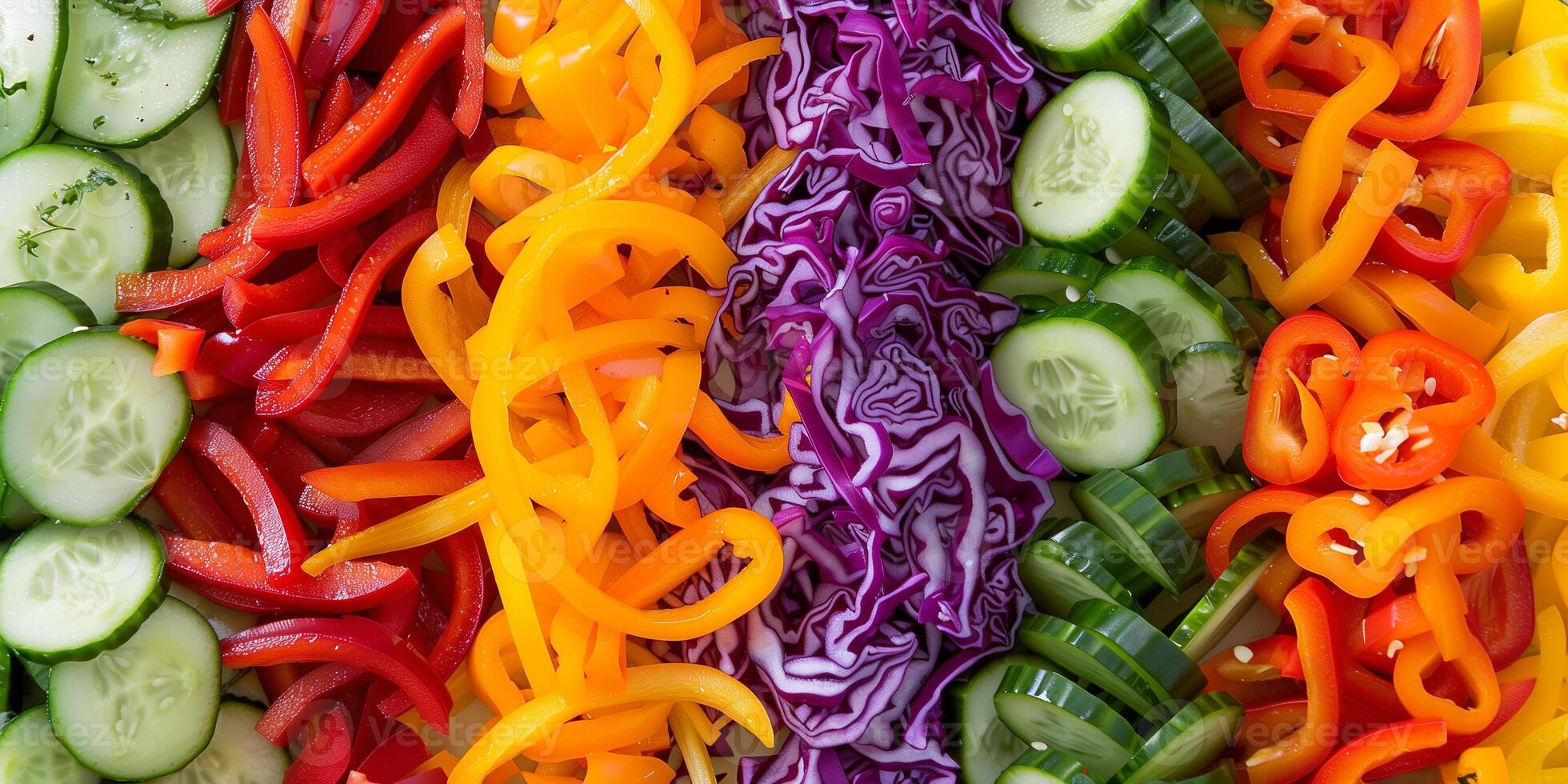 Overhead view of a rainbow salad with chopped vegetables like red cabbage, carrots, bell peppers, cucumbers, photo