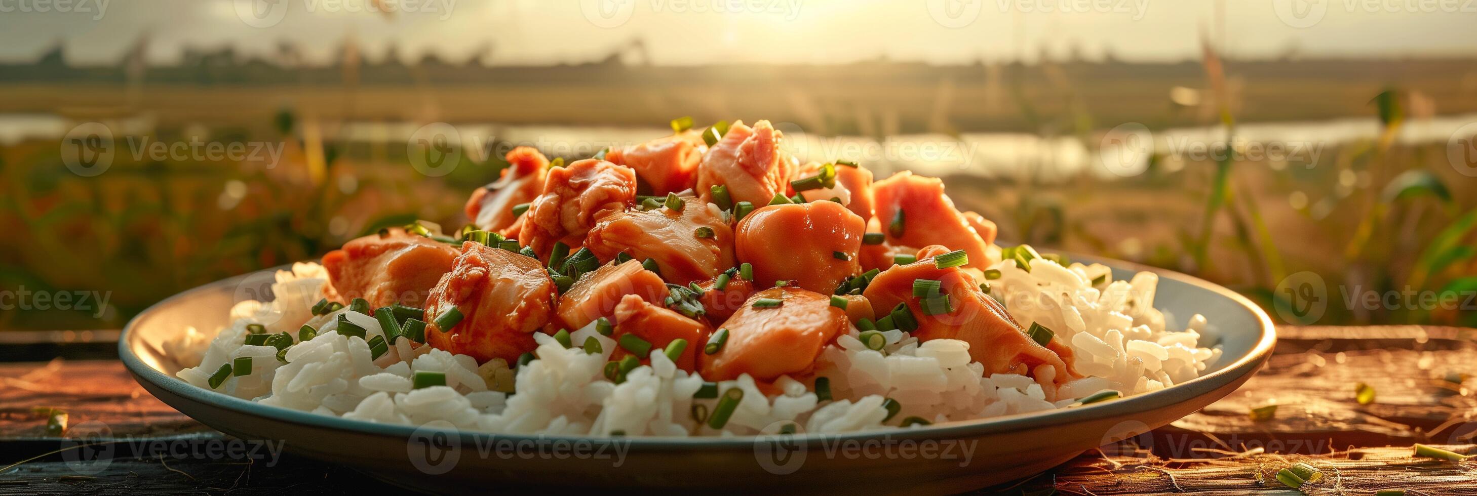 Ultra-realistic photo of a plate of rice with chicken on a wooden table, farm background with grassy plain and trees, warm light, picture