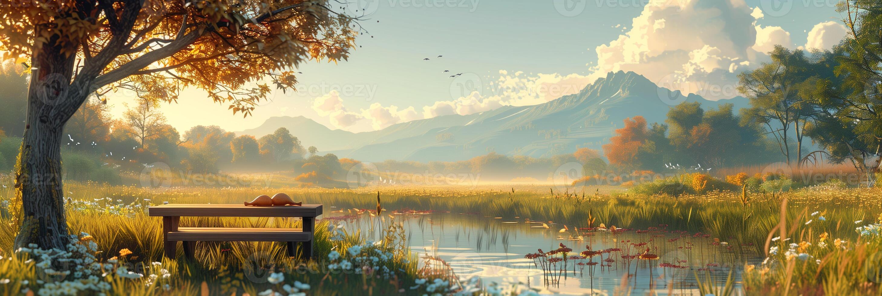 Ultra-realistic photo of a plate of rice with chicken on a wooden table, farm background with grassy plain and trees, warm light, photo